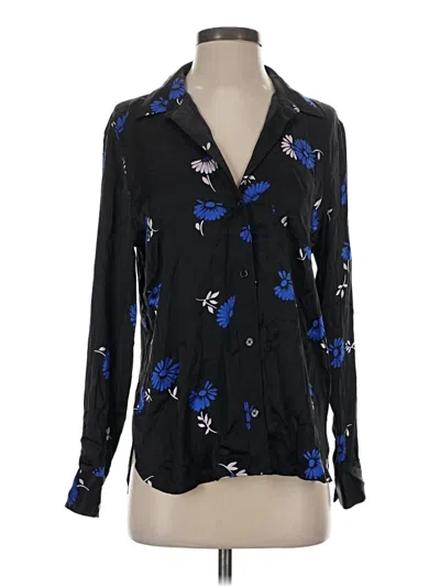 Pre-owned Equipment Long Sleeve Silk Top Black Floral Pattern Collared Neckline Tops