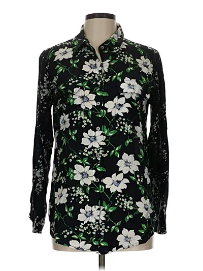 Pre-owned Equipment Long Sleeve Silk Top Black Floral Pattern Mock Neckline Tops