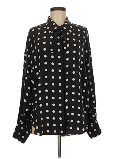 Pre-owned Equipment Long Sleeve Silk Top Black Polka Dots Pattern Mock Neckline Tops
