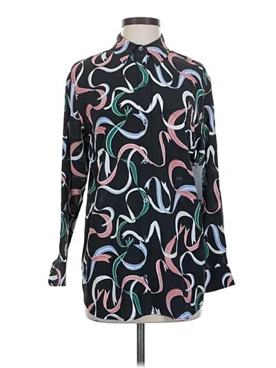 Pre-owned Equipment Long Sleeve Silk Top Black Print Pattern Mock Neckline Tops