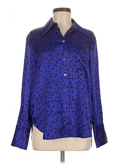 Pre-owned Equipment Long Sleeve Silk Top Blue Animal Print Pattern Collared Neckline Tops