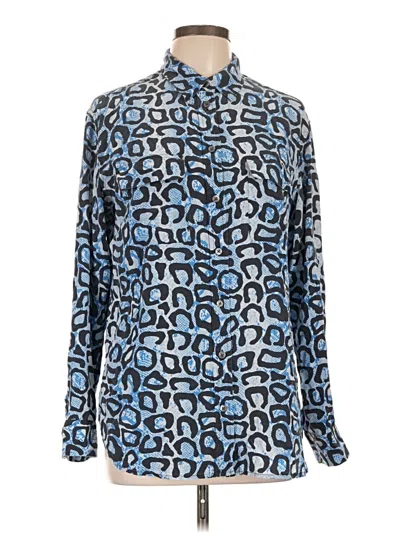 Pre-owned Equipment Long Sleeve Silk Top Blue Animal Print Pattern Collared Neckline Tops