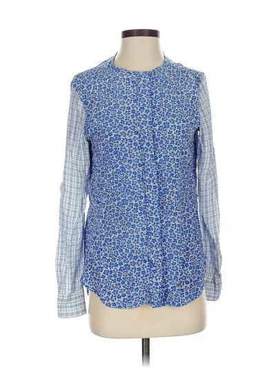 Pre-owned Equipment Long Sleeve Silk Top Blue Mock Neckline Tops