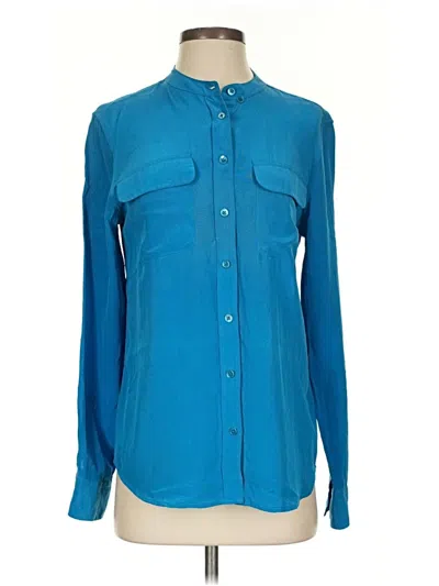 Pre-owned Equipment Long Sleeve Silk Top Blue Mock Neckline Tops