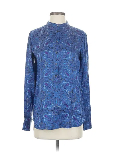 Pre-owned Equipment Long Sleeve Silk Top Blue Paisley Pattern Mock Neckline Tops