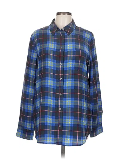 Pre-owned Equipment Long Sleeve Silk Top Blue Plaid Pattern Collared Neckline Tops