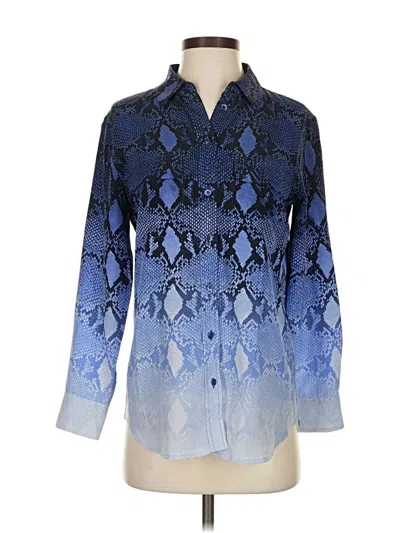 Pre-owned Equipment Long Sleeve Silk Top Blue Print Pattern Collared Neckline Tops