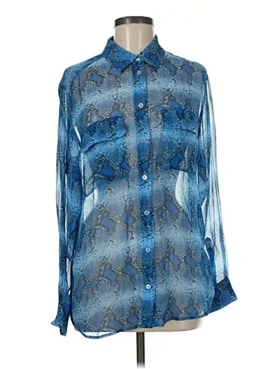 Pre-owned Equipment Long Sleeve Silk Top Blue Print Pattern Mock Neckline Tops