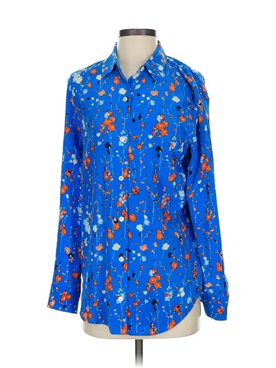 Pre-owned Equipment Long Sleeve Silk Top Blue Stars Pattern Collared Neckline Tops