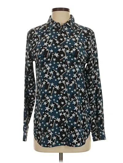 Pre-owned Equipment Long Sleeve Silk Top Blue Stars Pattern Mock Neckline Tops