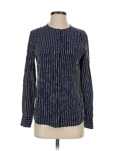 Pre-owned Equipment Long Sleeve Silk Top Blue Stripes Pattern Mock Neckline Tops