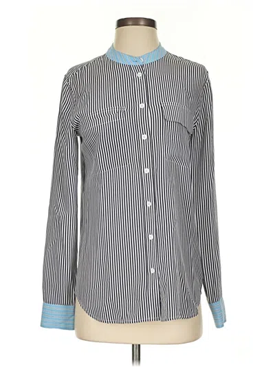 Pre-owned Equipment Long Sleeve Silk Top Blue Stripes Pattern Mock Neckline Tops