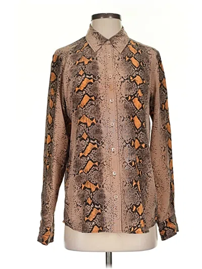 Pre-owned Equipment Long Sleeve Silk Top Brown Animal Print Pattern High Neck Tops