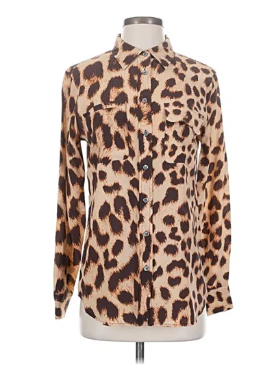 Pre-owned Equipment Long Sleeve Silk Top Brown Animal Print Pattern High Neck Tops
