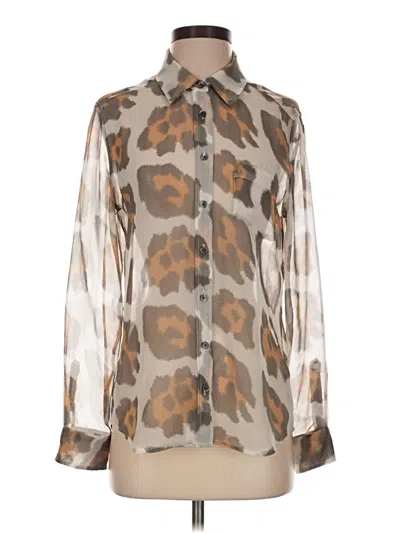 Pre-owned Equipment Long Sleeve Silk Top Brown Animal Print Pattern High Neck Tops
