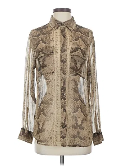 Pre-owned Equipment Long Sleeve Silk Top Brown Animal Print Pattern Mock Neckline Tops