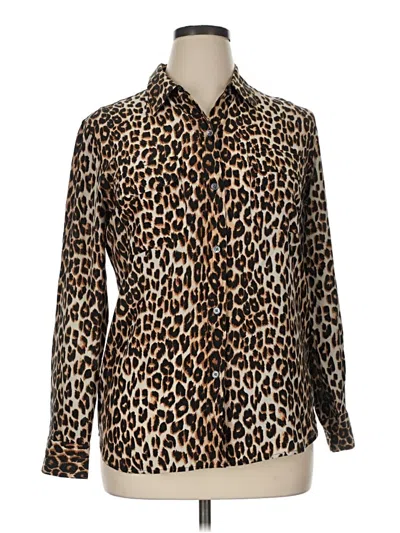 Pre-owned Equipment Long Sleeve Silk Top Brown Animal Print Pattern Mock Neckline Tops