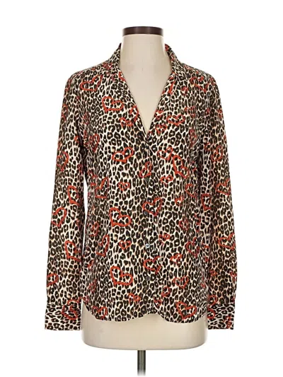 Pre-owned Equipment Long Sleeve Silk Top Brown Animal Print Pattern Plunge Neckline Tops
