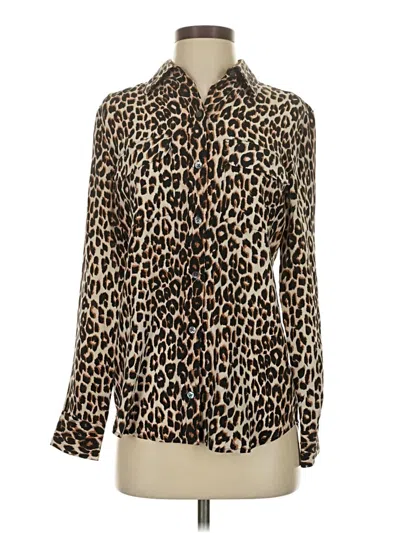 Pre-owned Equipment Long Sleeve Silk Top Brown Animal Print Pattern Tie Neck Tops