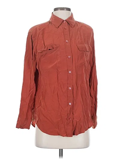 Pre-owned Equipment Long Sleeve Silk Top Brown Collared Neckline Tops