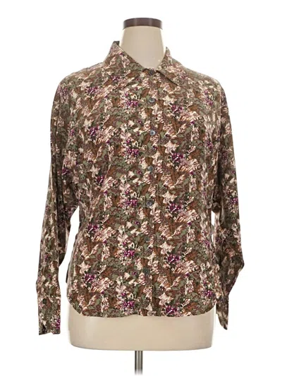 Equipment Long Sleeve Silk Top Brown Floral Pattern Mock Neckline Tops