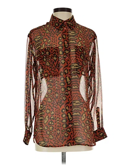 Pre-owned Equipment Long Sleeve Silk Top Brown Paisley Pattern High Neck Tops