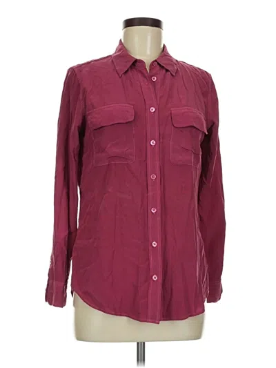Pre-owned Equipment Long Sleeve Silk Top Burgundy Collared Neckline Tops