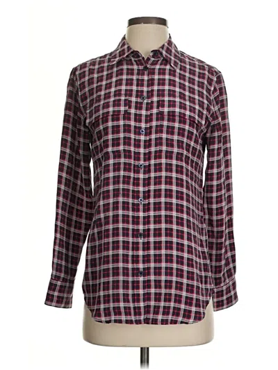 Pre-owned Equipment Long Sleeve Silk Top Burgundy Plaid Pattern Collared Neckline Tops