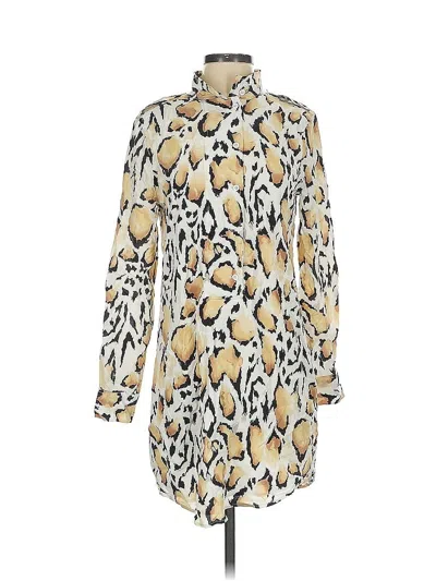 Pre-owned Equipment Long Sleeve Silk Top Gold Animal Print Pattern High Neck Tops