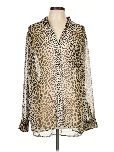 Pre-owned Equipment Long Sleeve Silk Top Gold Animal Print Pattern Plunge Neckline Tops