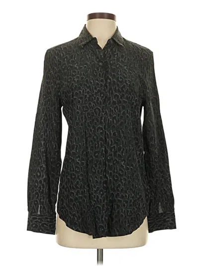 Pre-owned Equipment Long Sleeve Silk Top Green Animal Print Pattern Mock Neckline Tops