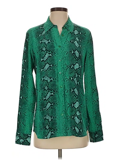 Pre-owned Equipment Long Sleeve Silk Top Green Animal Print Pattern Tie Neck Tops