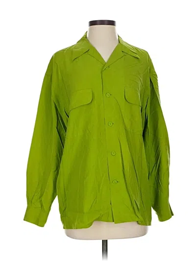 Pre-owned Equipment Long Sleeve Silk Top Green Collared Neckline Tops