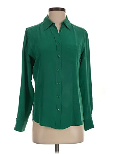 Pre-owned Equipment Long Sleeve Silk Top Green Collared Neckline Tops