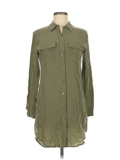 Pre-owned Equipment Long Sleeve Silk Top Green Mock Neckline Tops