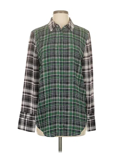 Pre-owned Equipment Long Sleeve Silk Top Green Plaid Pattern Mock Neckline Tops