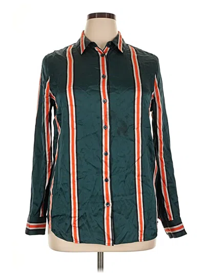 Pre-owned Equipment Long Sleeve Silk Top Green Stripes Pattern Collared Neckline Tops
