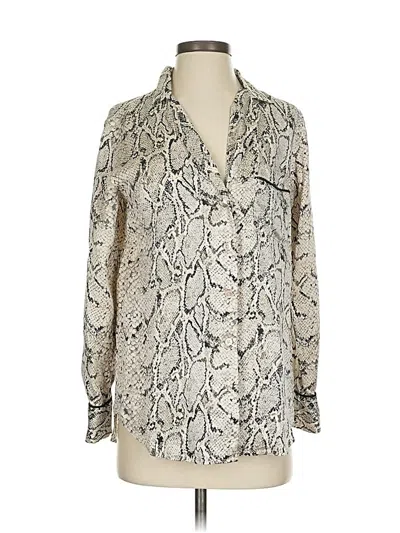 Pre-owned Equipment Long Sleeve Silk Top Ivory Animal Print Pattern Cowl Neck Tops In White