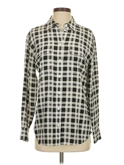 Pre-owned Equipment Long Sleeve Silk Top Ivory Checkered/gingham Pattern Collared Neckline Tops In White
