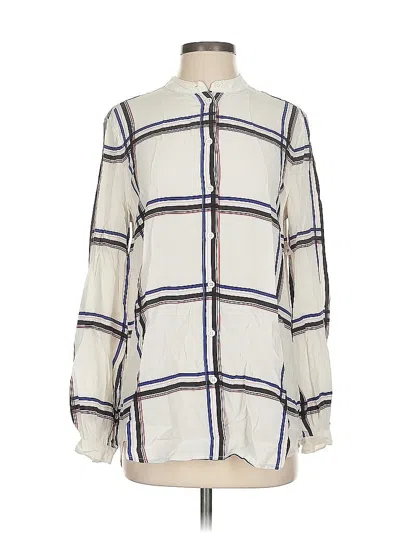 Pre-owned Equipment Long Sleeve Silk Top Ivory Plaid Pattern Collared Neckline Tops In White