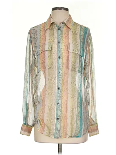 Pre-owned Equipment Long Sleeve Silk Top Ivory Print Pattern Collared Neckline Tops
