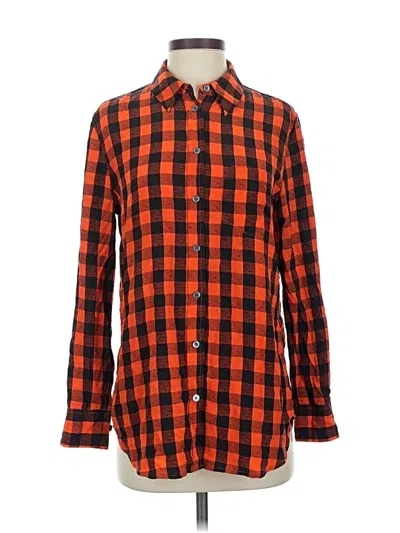 Pre-owned Equipment Long Sleeve Silk Top Orange Checkered/gingham Pattern Square Neckline Tops