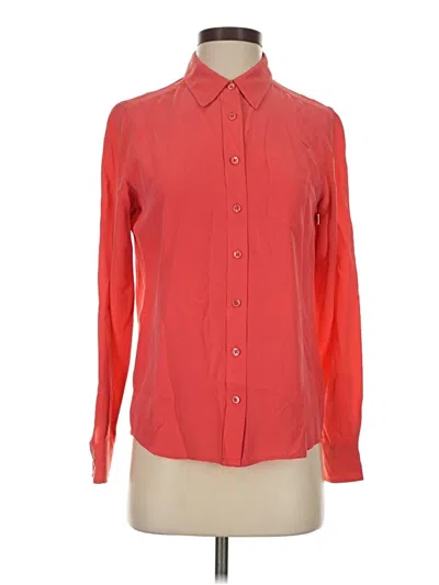 Pre-owned Equipment Long Sleeve Silk Top Red Solid Pattern Collared Neckline Tops