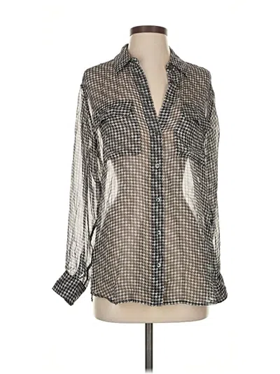Pre-owned Equipment Long Sleeve Silk Top Silver Houndstooth Pattern Tie Neck Tops