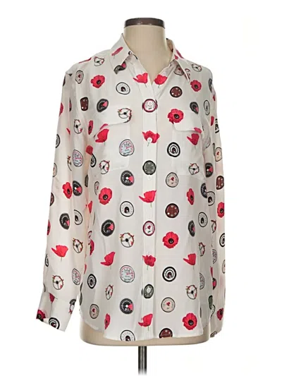 Equipment Long Sleeve Silk Top Silver Print Pattern Square Neckline Tops
