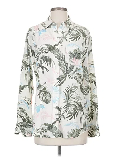 Pre-owned Equipment Long Sleeve Silk Top Silver Tropical Pattern Collared Neckline Tops
