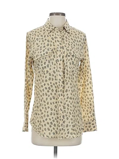 Pre-owned Equipment Long Sleeve Silk Top Tan Animal Print Pattern Mock Neckline Tops In Brown
