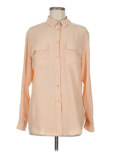 Pre-owned Equipment Long Sleeve Silk Top Tan Color Block Pattern Collared Neckline Tops In Brown