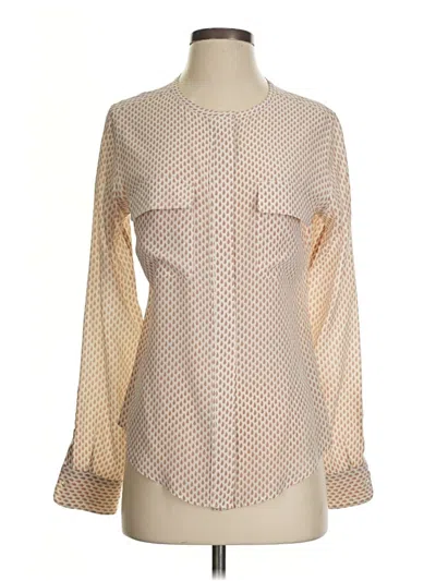 Pre-owned Equipment Long Sleeve Silk Top Tan Polka Dots Pattern Square Neckline Tops In Brown