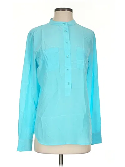 Pre-owned Equipment Long Sleeve Silk Top Teal Color Block Pattern Mock Neckline Tops